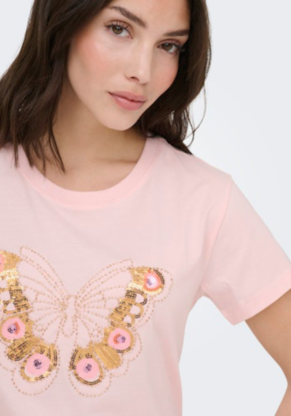 Bena Short Sleeve Patch Top - Pink Dogwood Butterfly Sequin