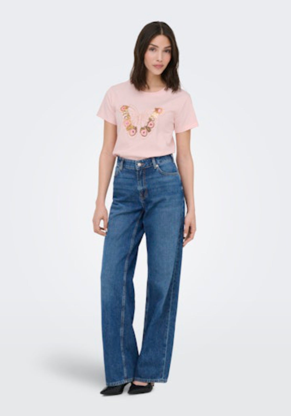 Bena Short Sleeve Patch Top - Pink Dogwood Butterfly Sequin