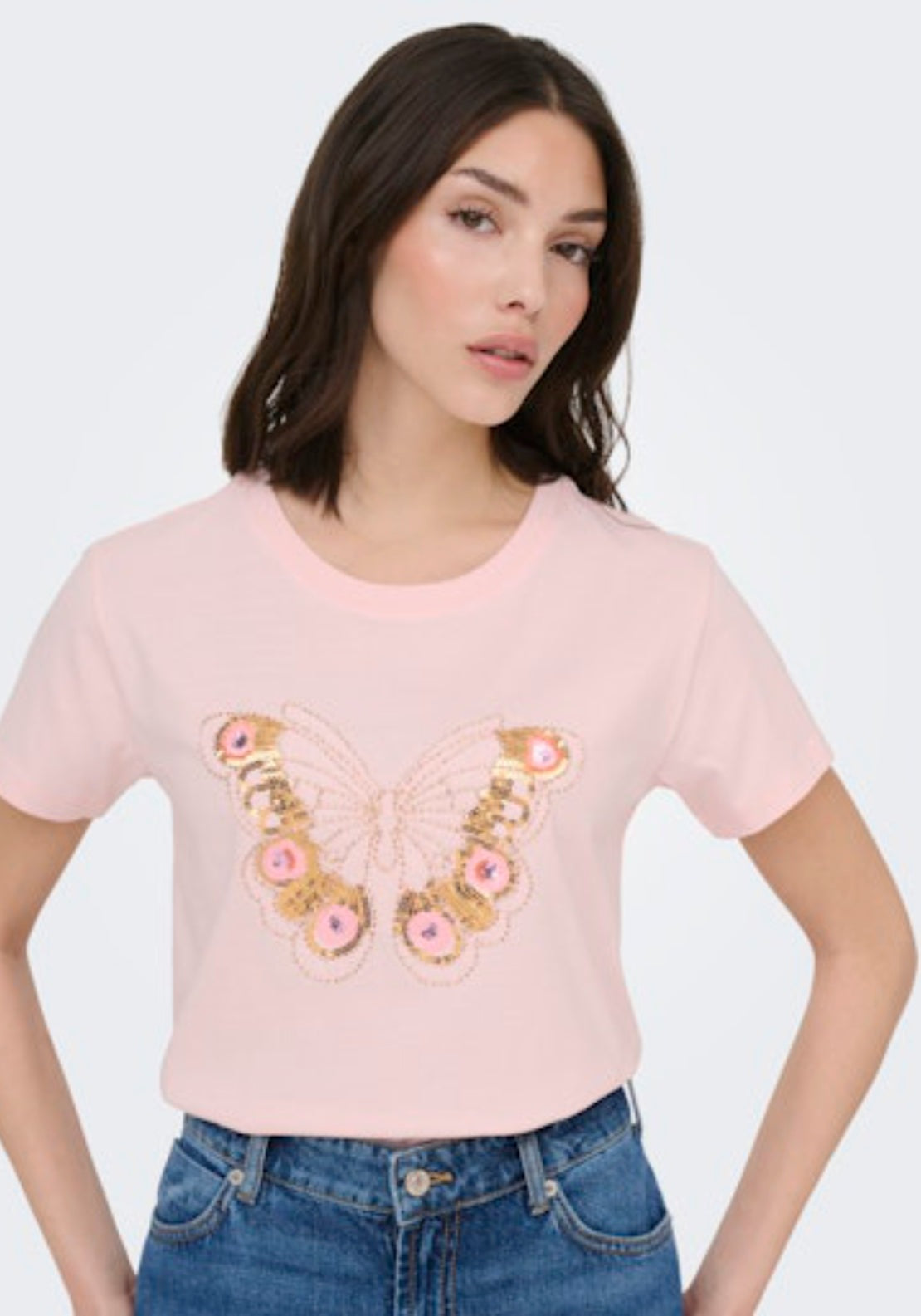 Bena Short Sleeve Patch Top - Pink Dogwood Butterfly Sequin
