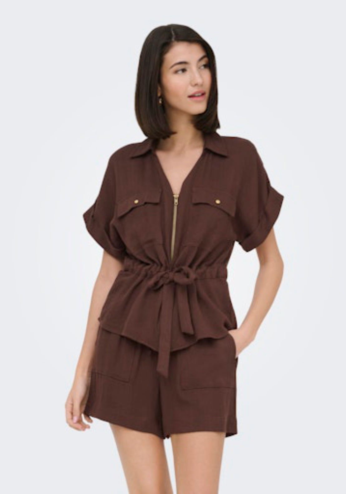 Jdy Mille Short Sleeve Zip Shirt - Chicory Coffee 4 Shaws Department Stores