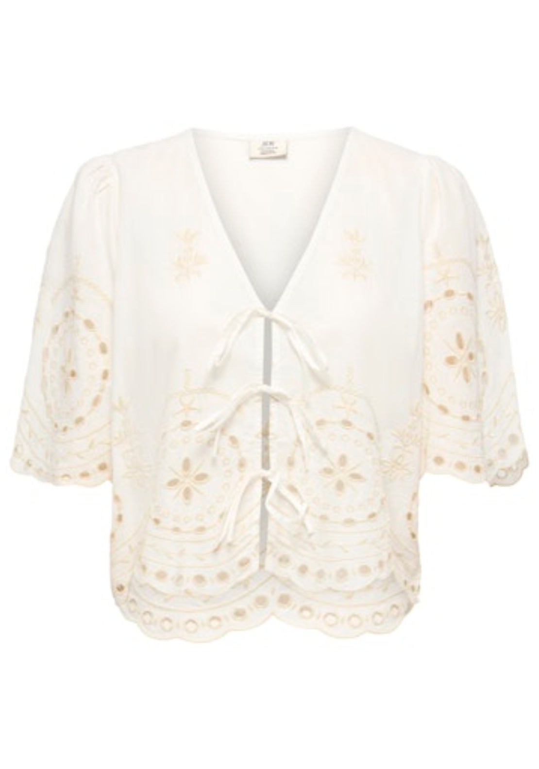 Jdy Polly Short Sleeve Embroidery Tie Top - Cloud Dancer/sandshell Emb 1 Shaws Department Stores