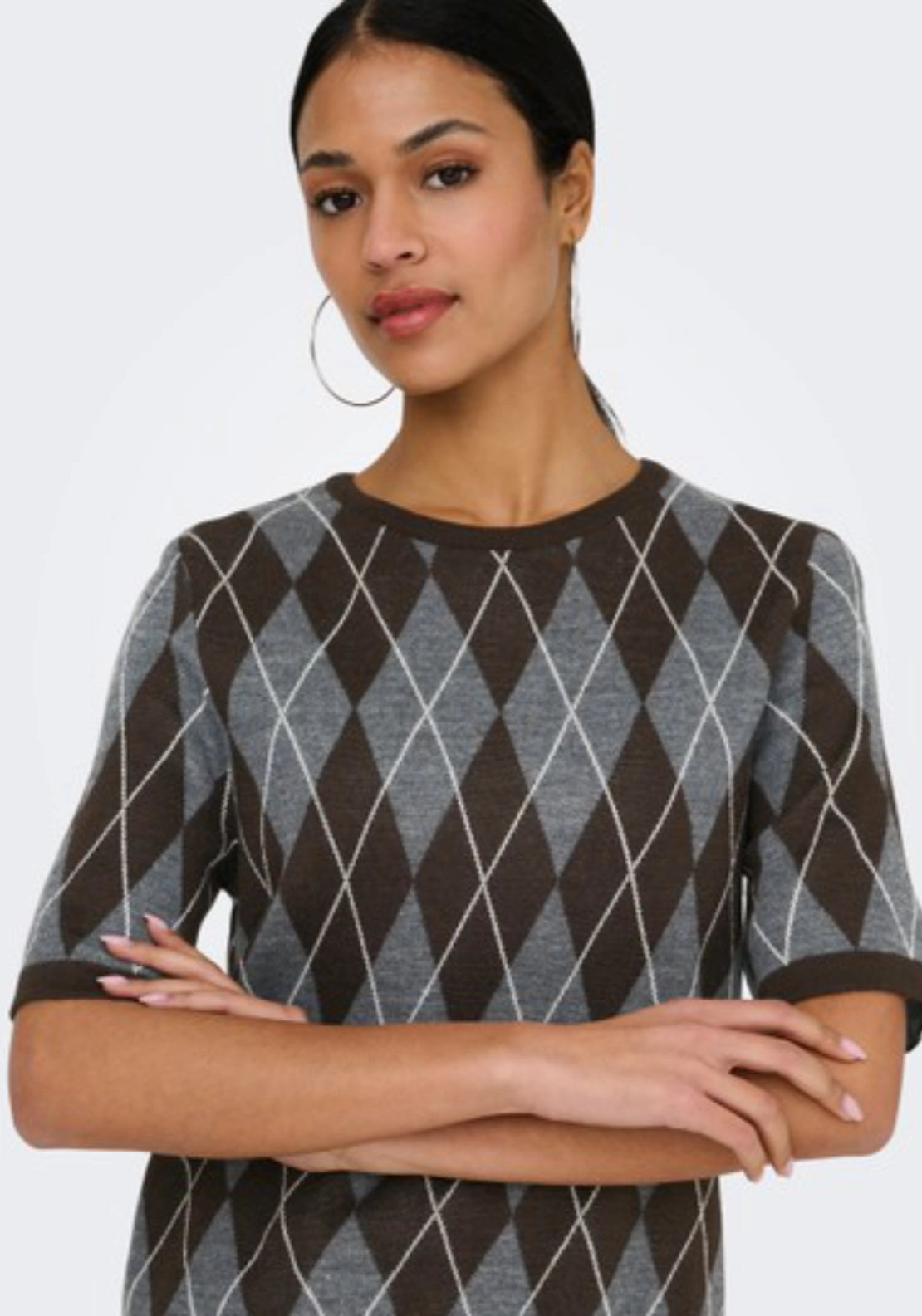 Maggy Short Sleeve Argyle Pullover - Grey