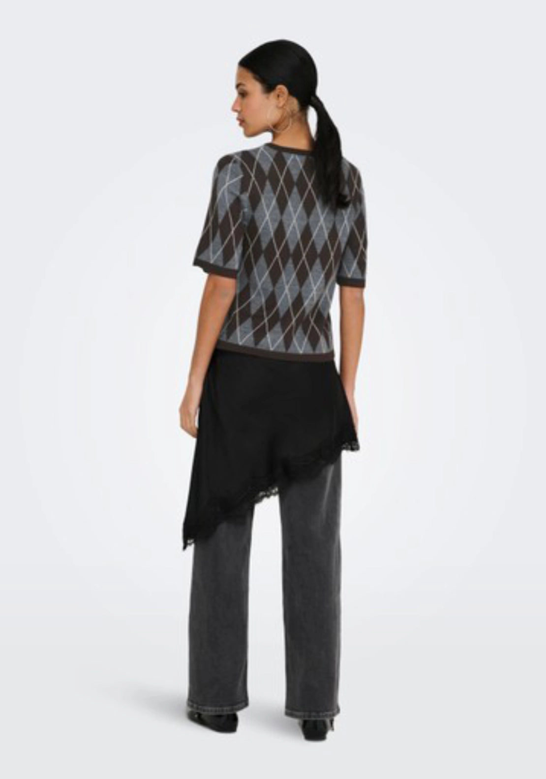 Maggy Short Sleeve Argyle Pullover - Grey