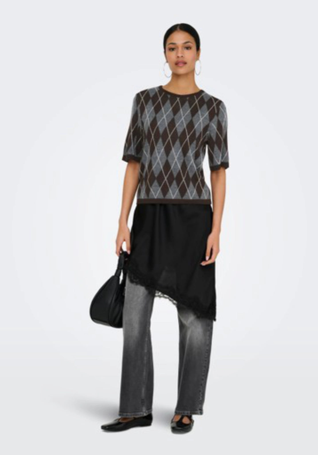 Maggy Short Sleeve Argyle Pullover - Grey