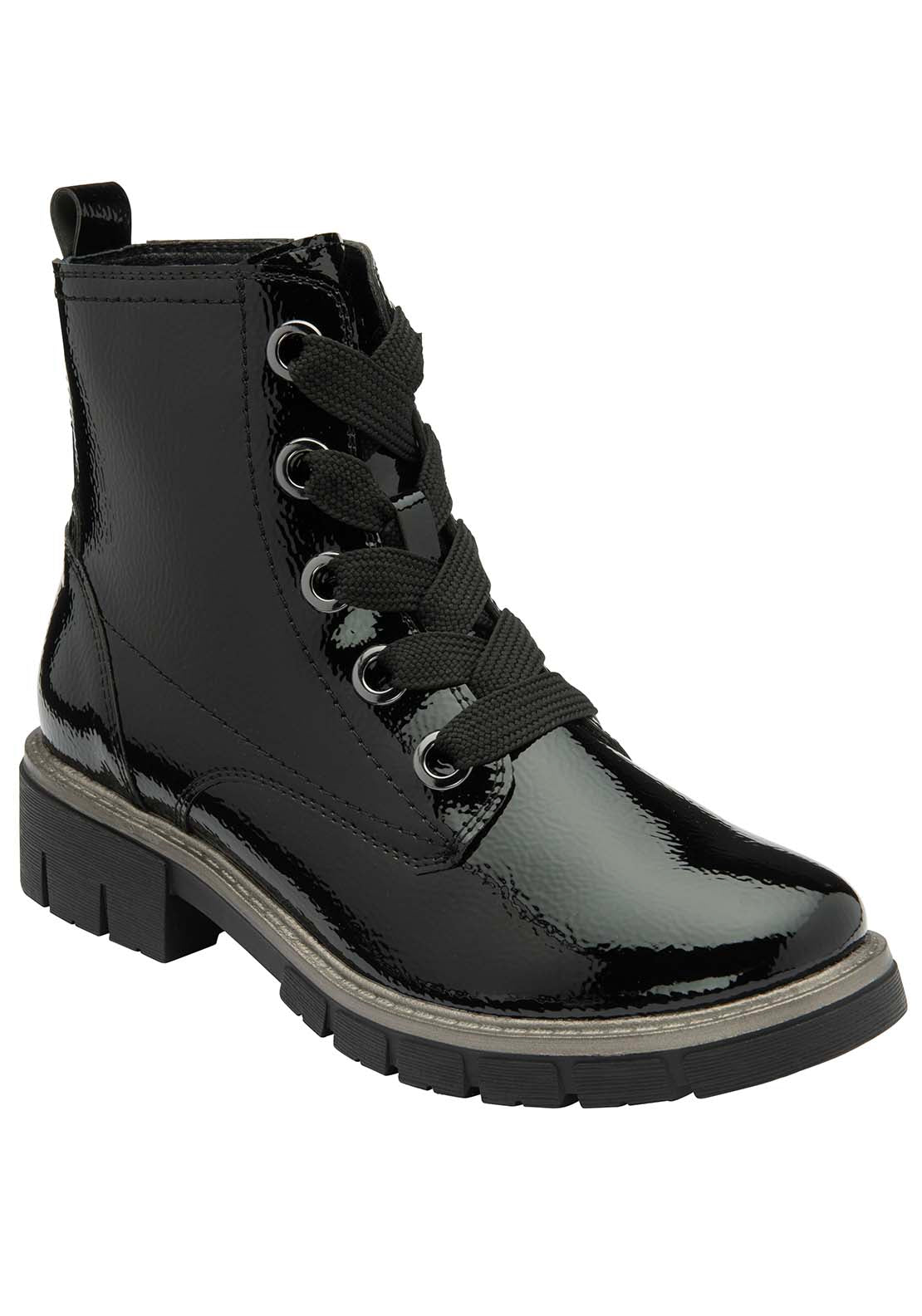 Lotus Jojo Ladies Patent Lace Biker Style Boot - Black Patent 2 Shaws Department Stores