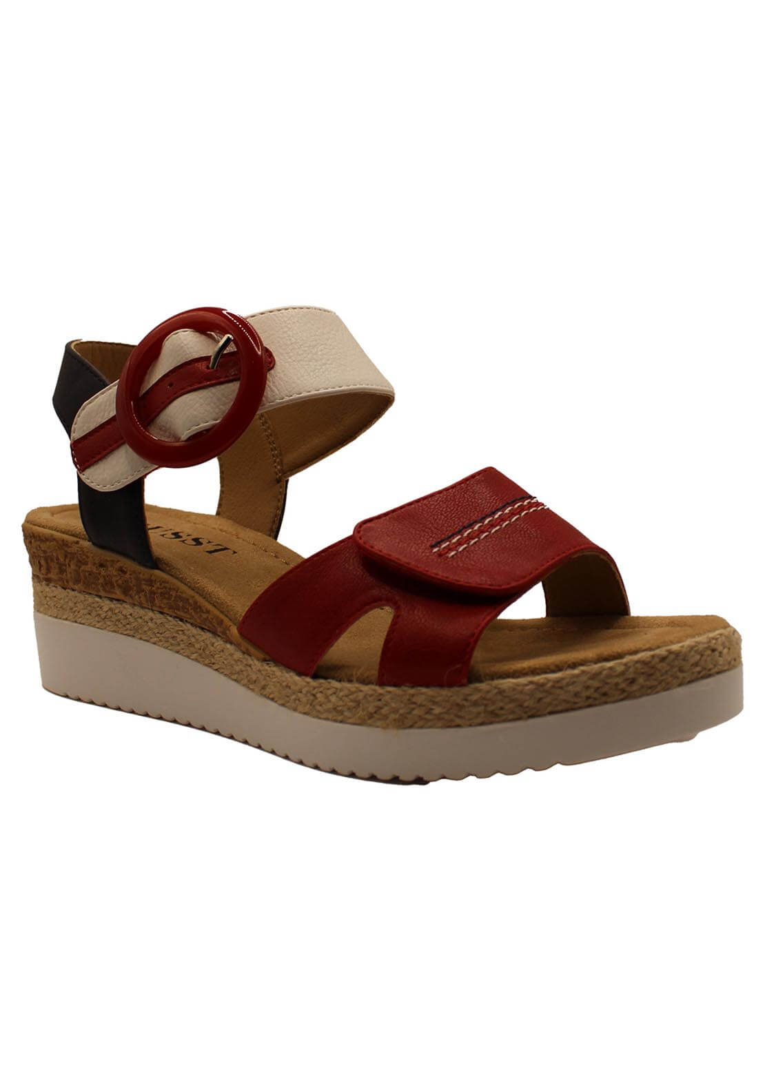 Susst Hessian Trim Wedge Sandal with Twin Velcro Straps - Red 1 Shaws Department Stores