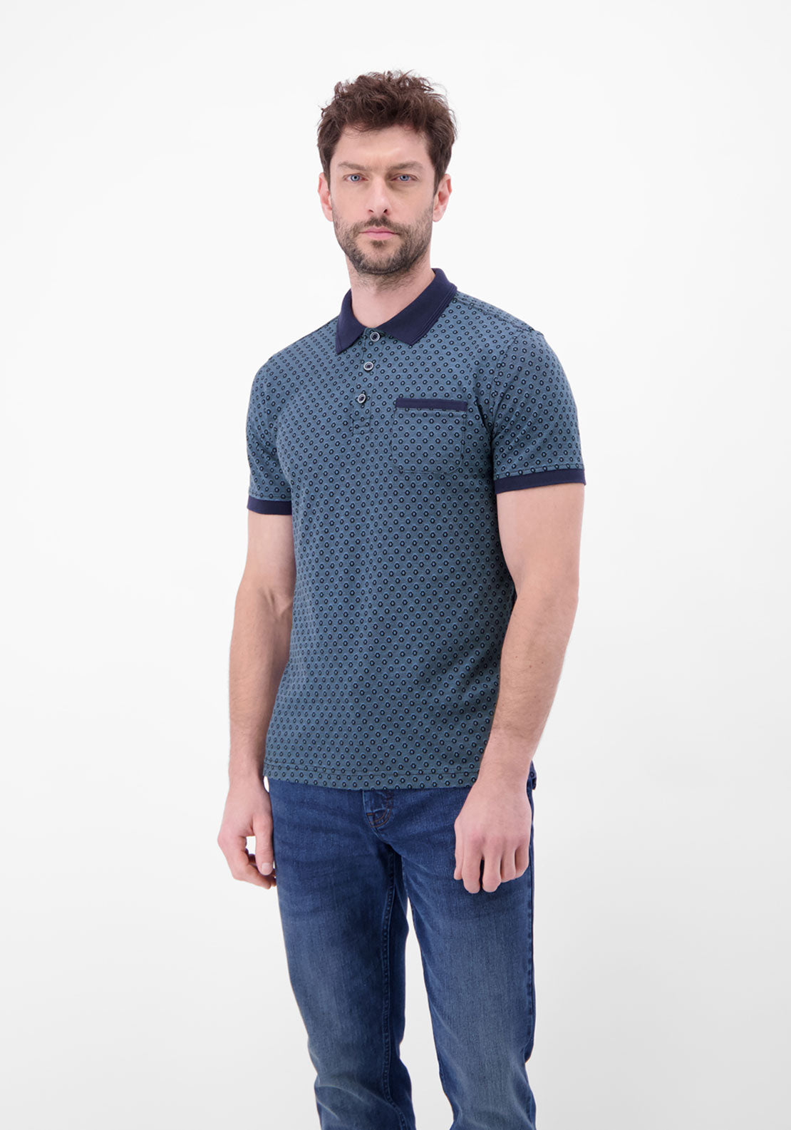 Lerros Two Tone All Over Print Polo Shirt - Navy 1 Shaws Department Stores