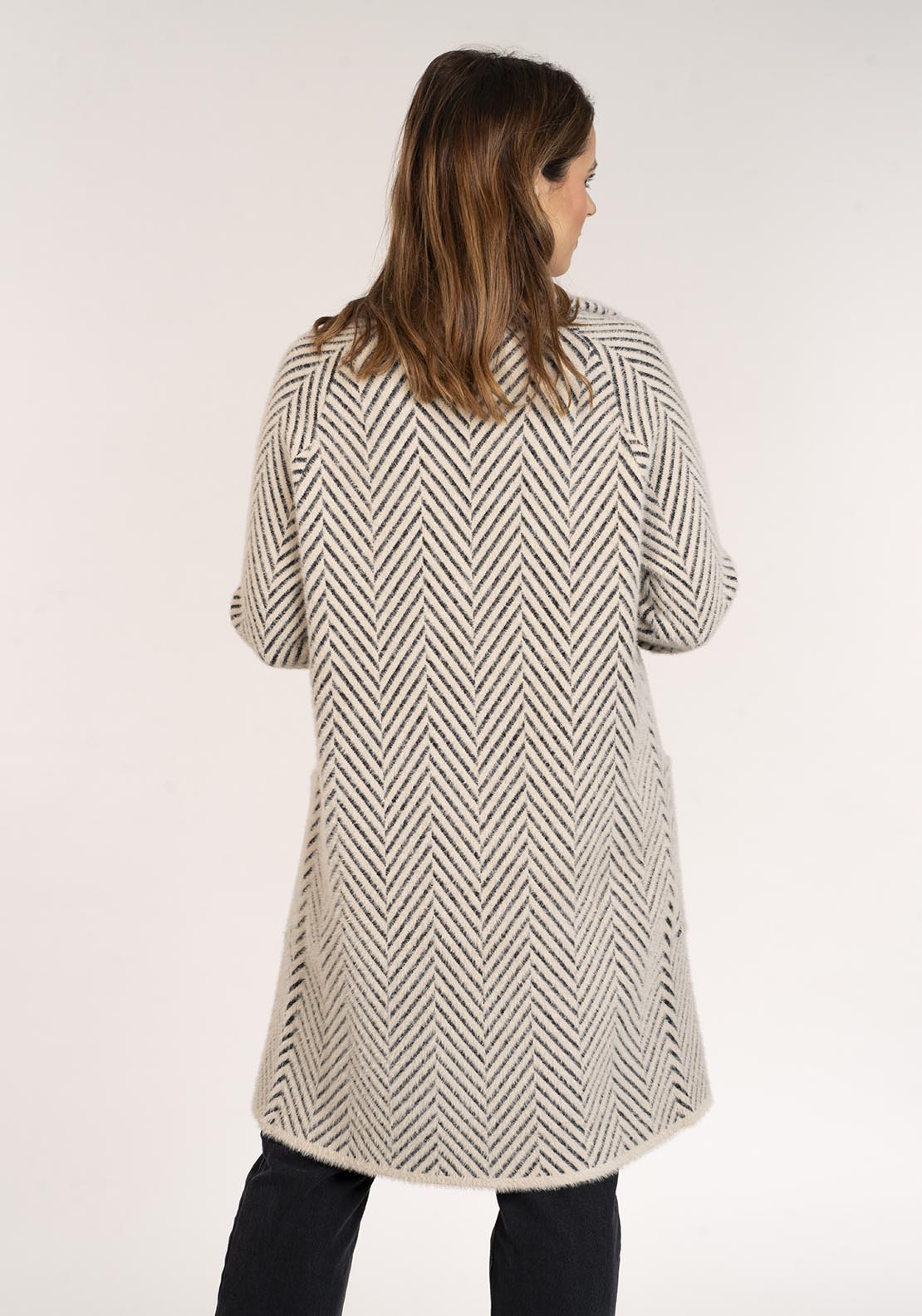 Naoise Chevron Knitted Coat - Black &amp; Cream 3 Shaws Department Stores