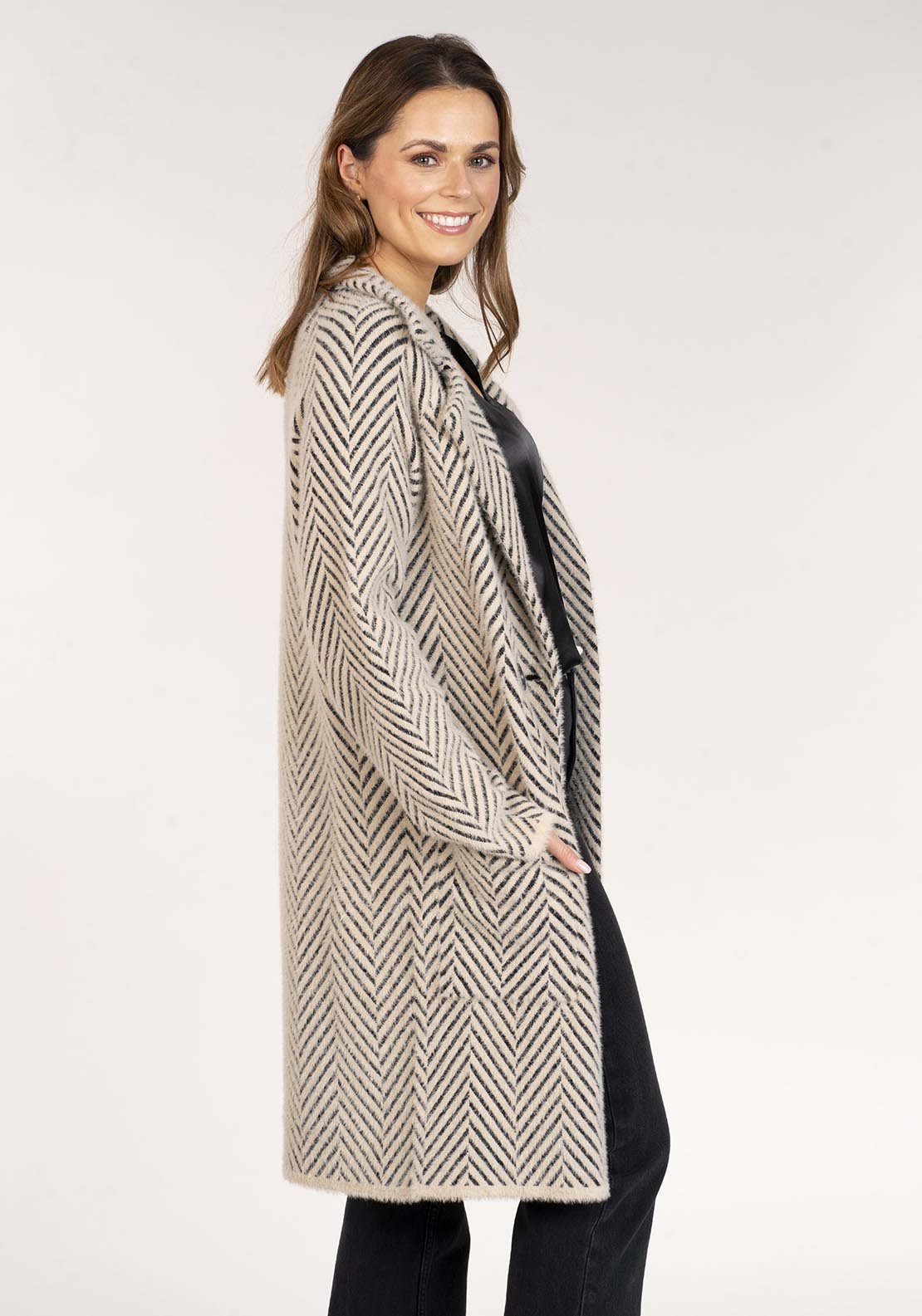 Naoise Chevron Knitted Coat - Black &amp; Cream 2 Shaws Department Stores