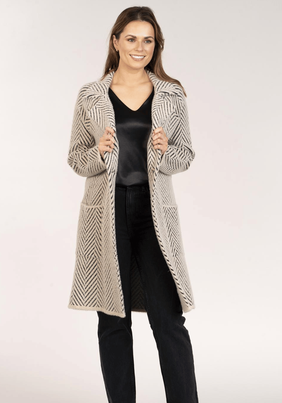 Naoise Chevron Knitted Coat - Black &amp; Cream 1 Shaws Department Stores