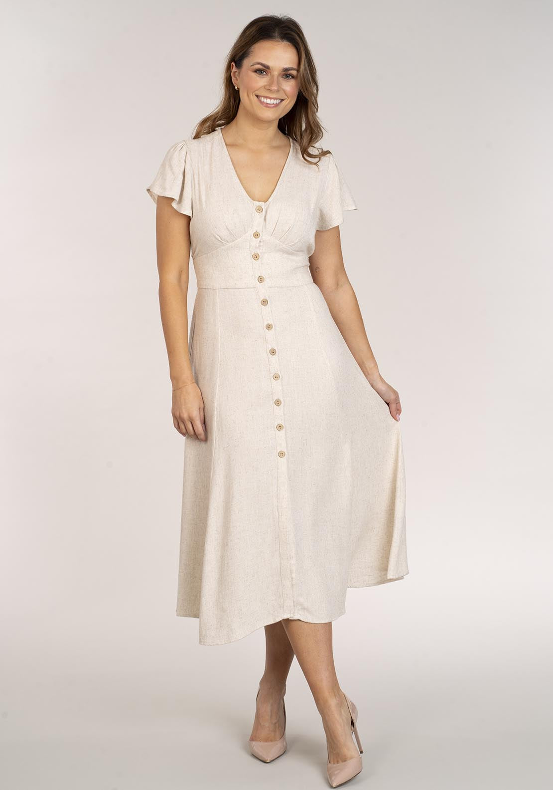 Naoise Button Front Dress - Beige 2 Shaws Department Stores