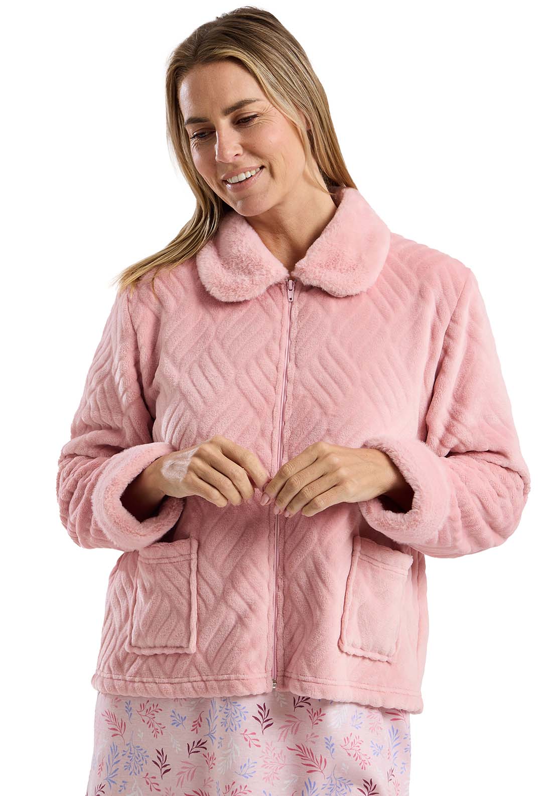 Marlon Fur Collar Zip Bedjacket - Pink 3 Shaws Department Stores