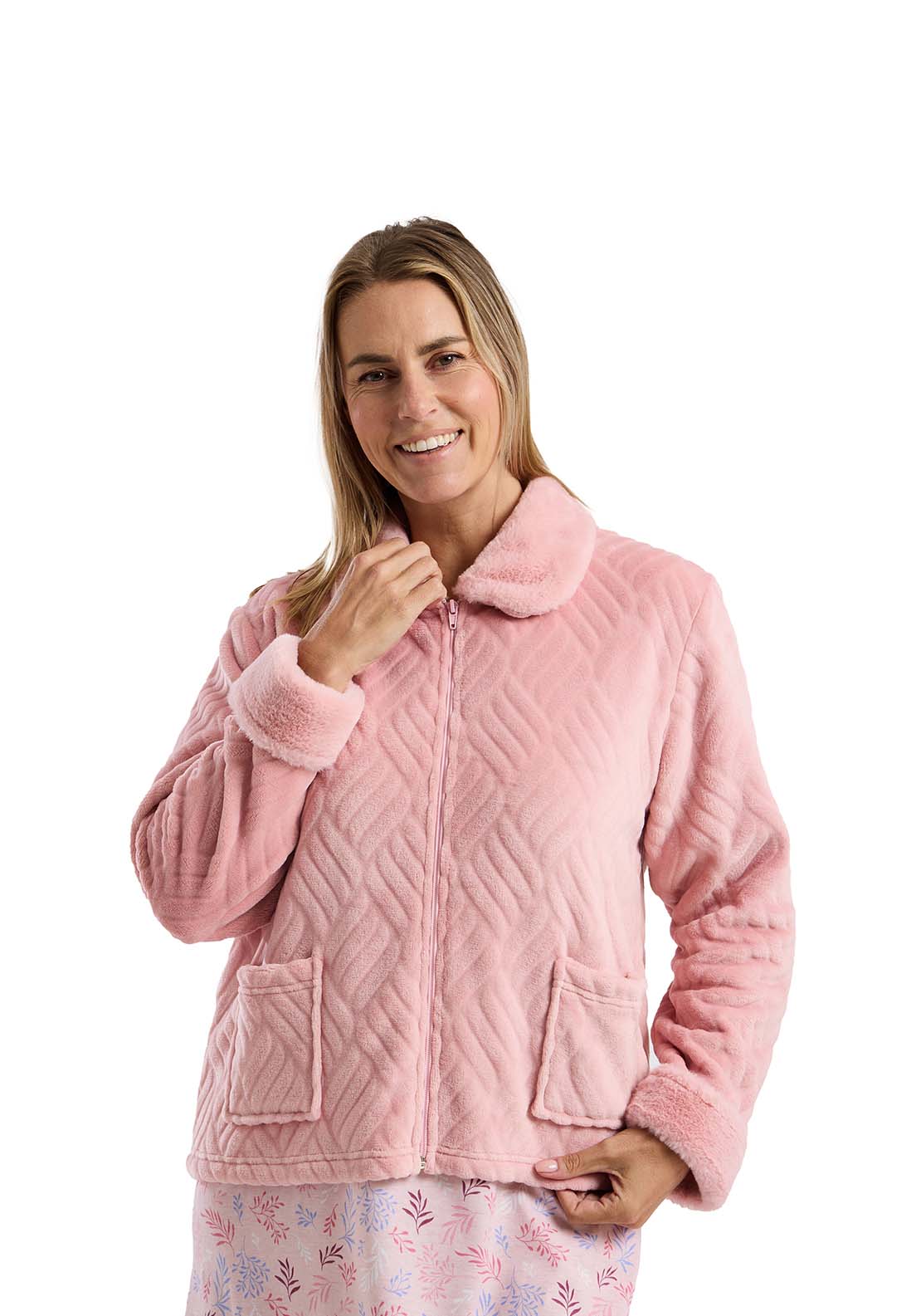 Marlon Fur Collar Zip Bedjacket - Pink 1 Shaws Department Stores