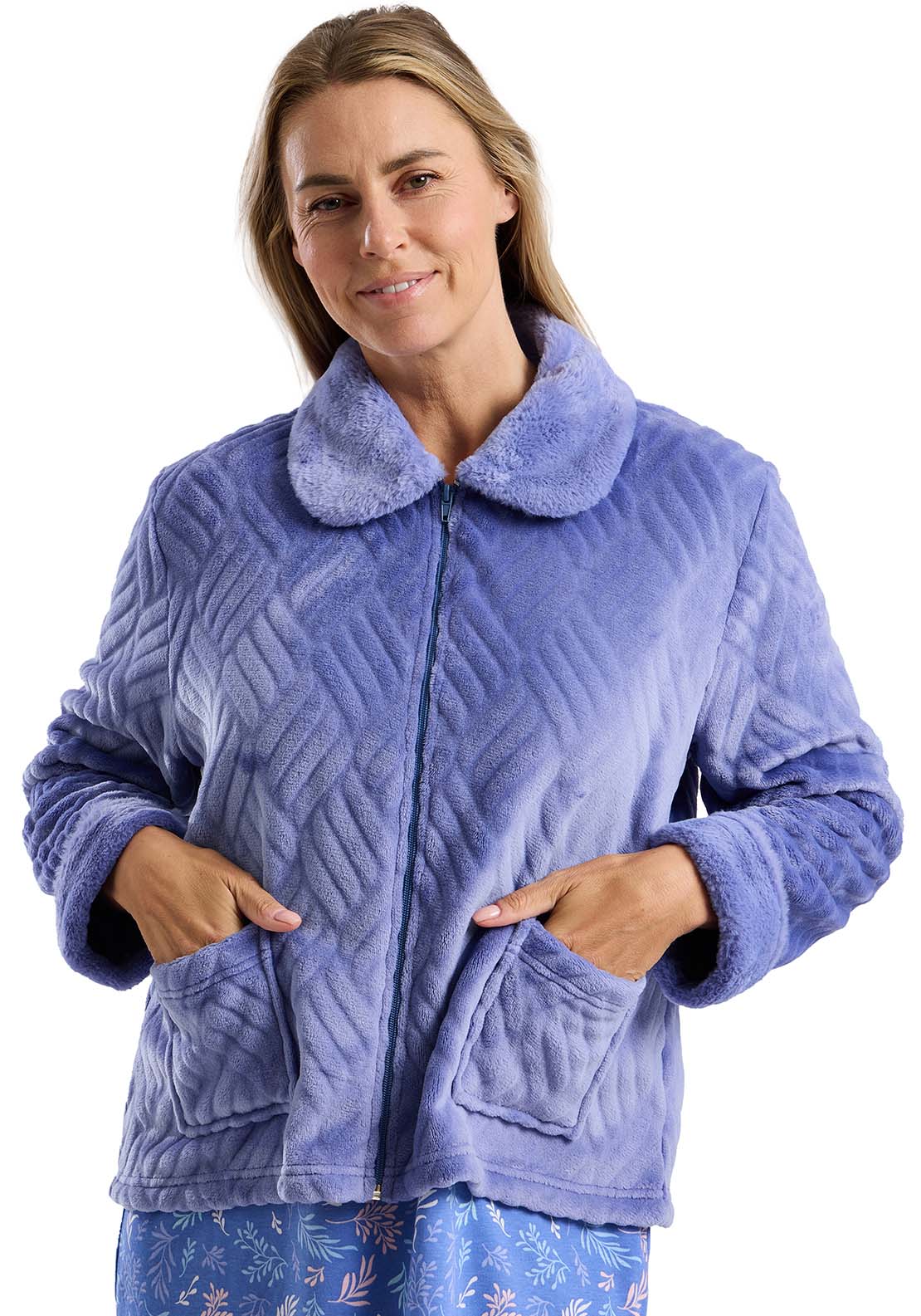 Fur Collar Zip Bedjacket - Denim