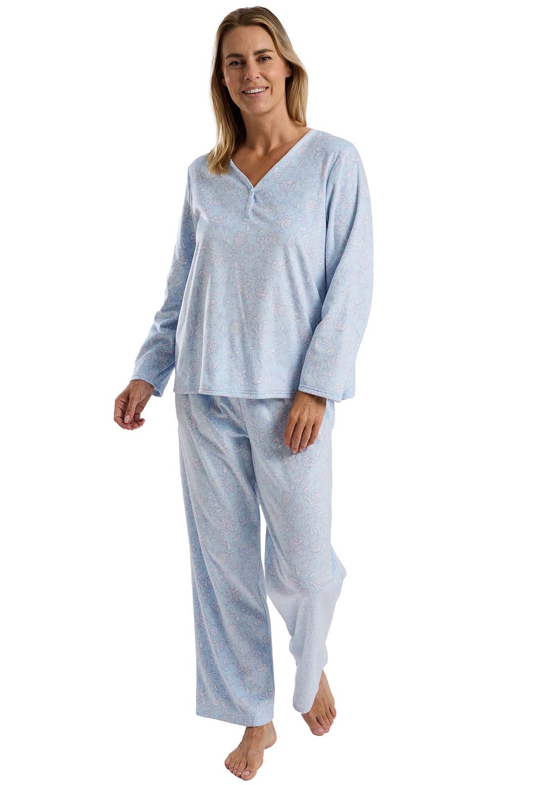 Delicate Floral Fleece Pj Set - Blue