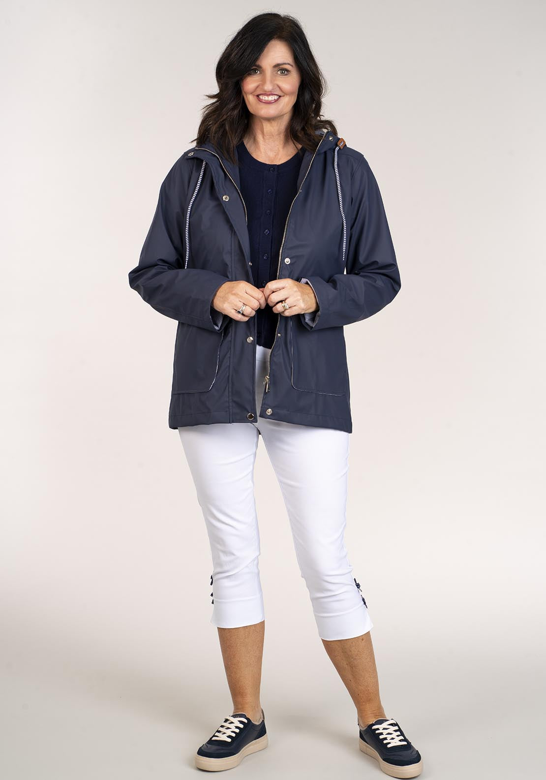 Tea Lane Short Raincoat Drawstring Waist - Navy 6 Shaws Department Stores