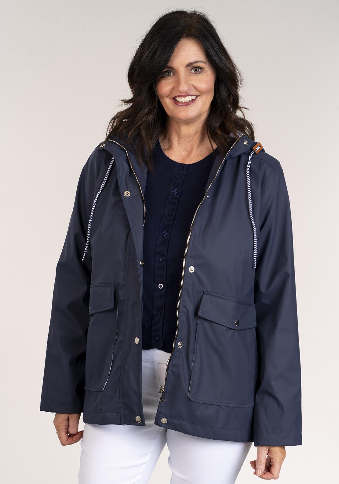 Tea Lane Short Raincoat Drawstring Waist - Navy 1 Shaws Department Stores