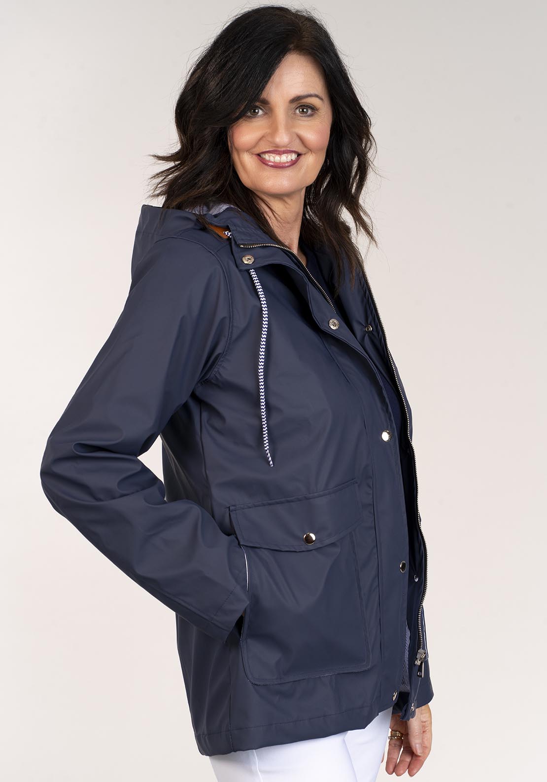 Tea Lane Short Raincoat Drawstring Waist - Navy 2 Shaws Department Stores