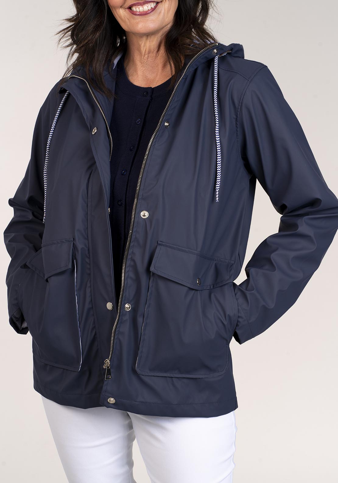 Tea Lane Short Raincoat Drawstring Waist - Navy 4 Shaws Department Stores