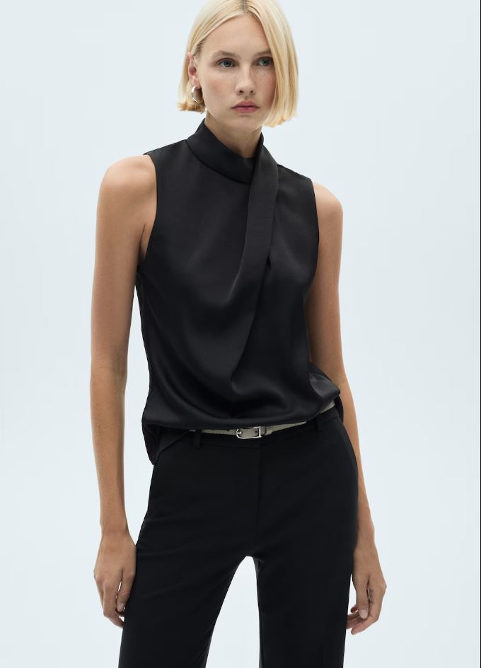 Mango Turtleneck draped satin blouse - Black 1 Shaws Department Stores