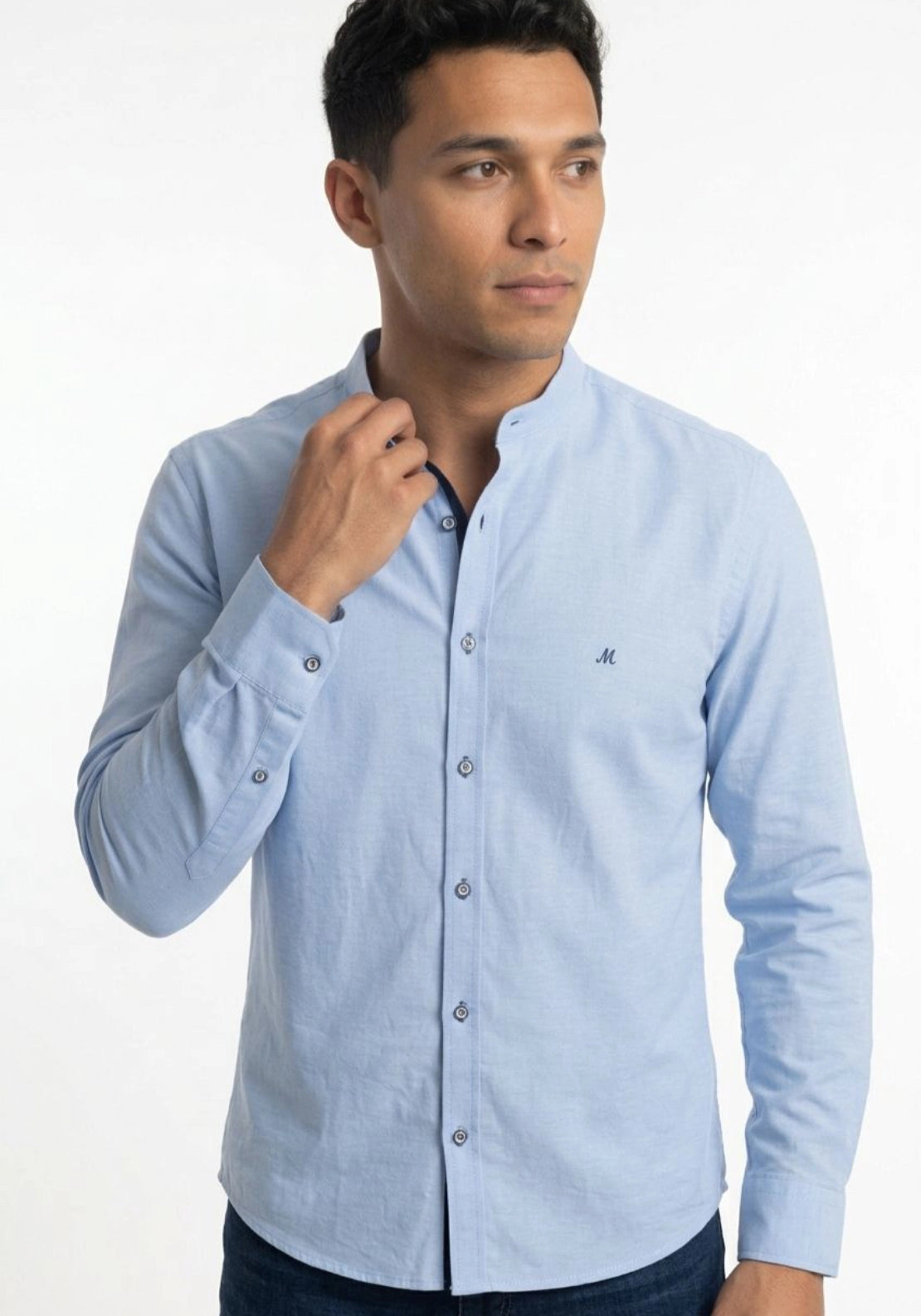 Mineral Tiber Long Sleeve Oxford Grandad Shirt - Artic Blue 1 Shaws Department Stores
