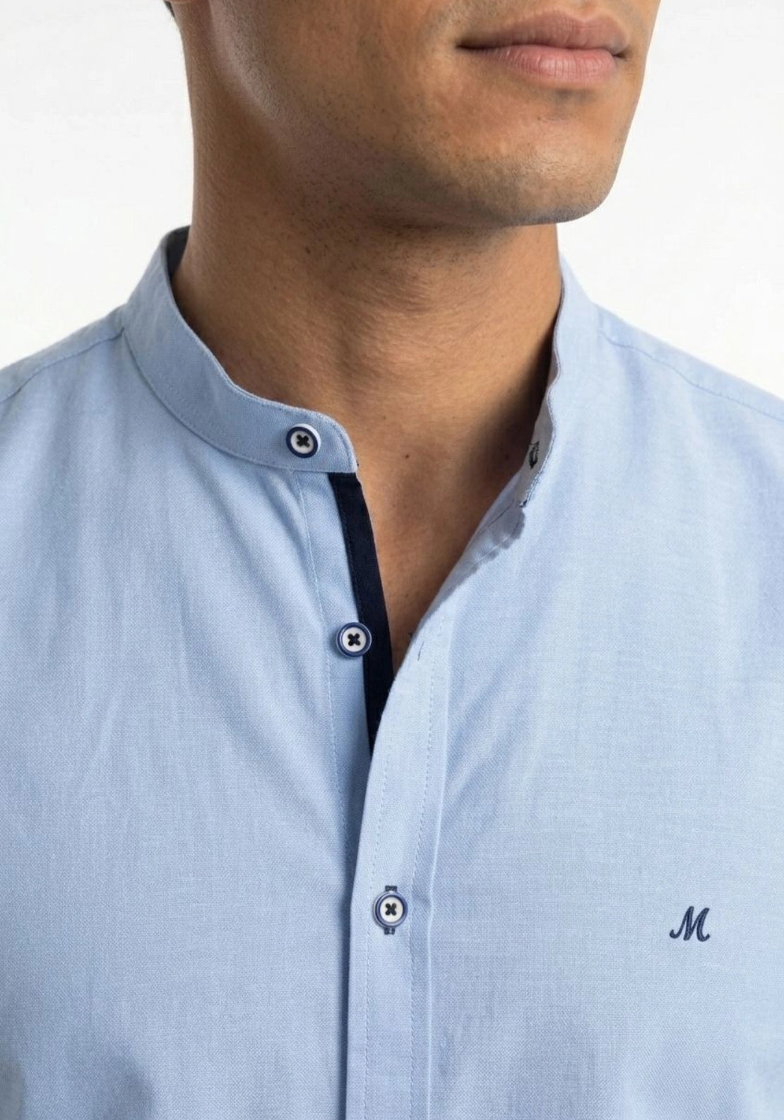 Mineral Tiber Long Sleeve Oxford Grandad Shirt - Artic Blue 4 Shaws Department Stores
