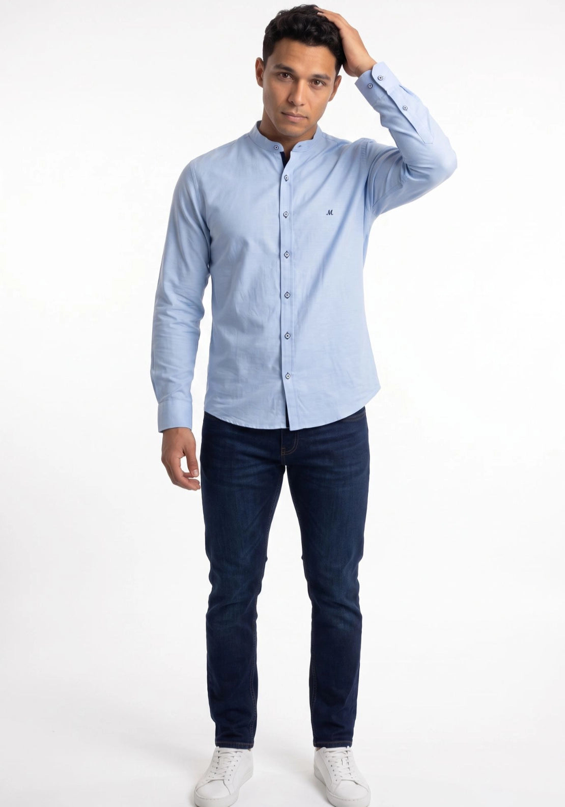Mineral Tiber Long Sleeve Oxford Grandad Shirt - Artic Blue 2 Shaws Department Stores