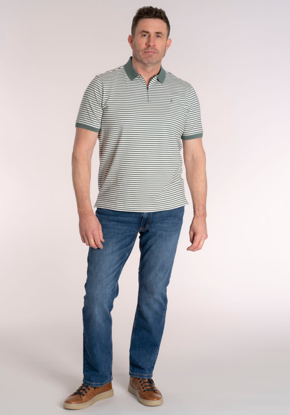 Yeats 100% Cotton Stripe Zip Polo - Green 6 Shaws Department Stores