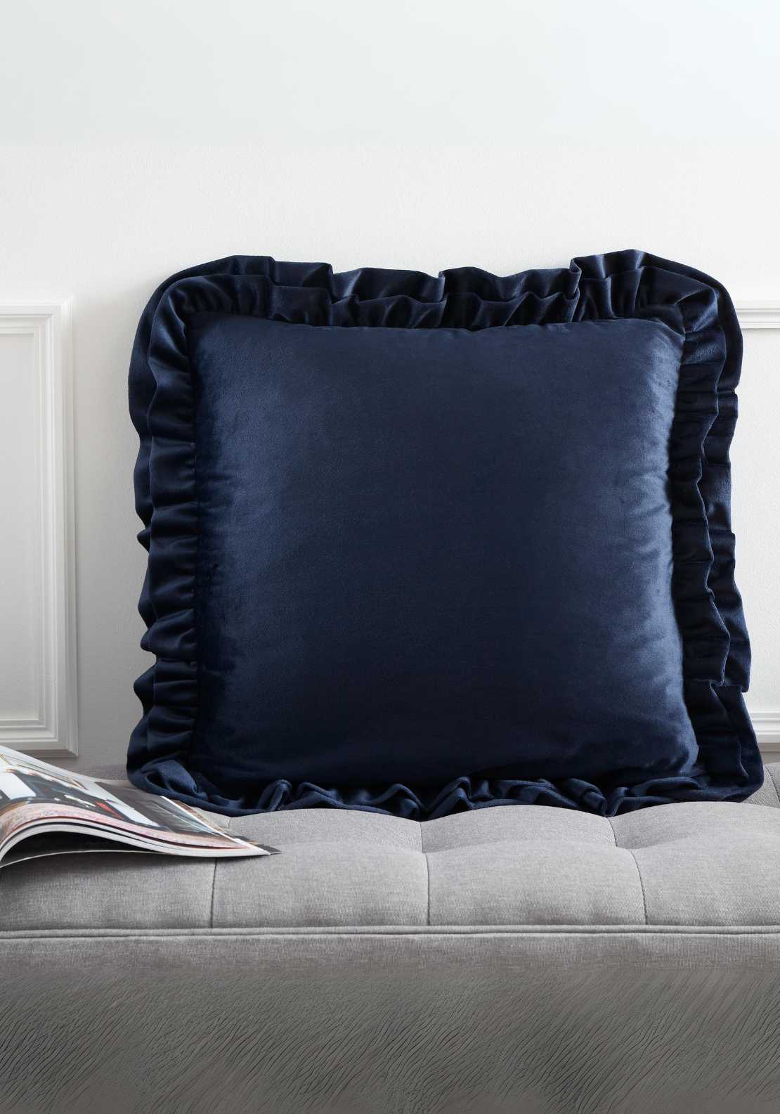 The Home Luxury Collection Reagan Soft Touch Matt Velvet Double Frill Cushion - Navy 1 Shaws Department Stores