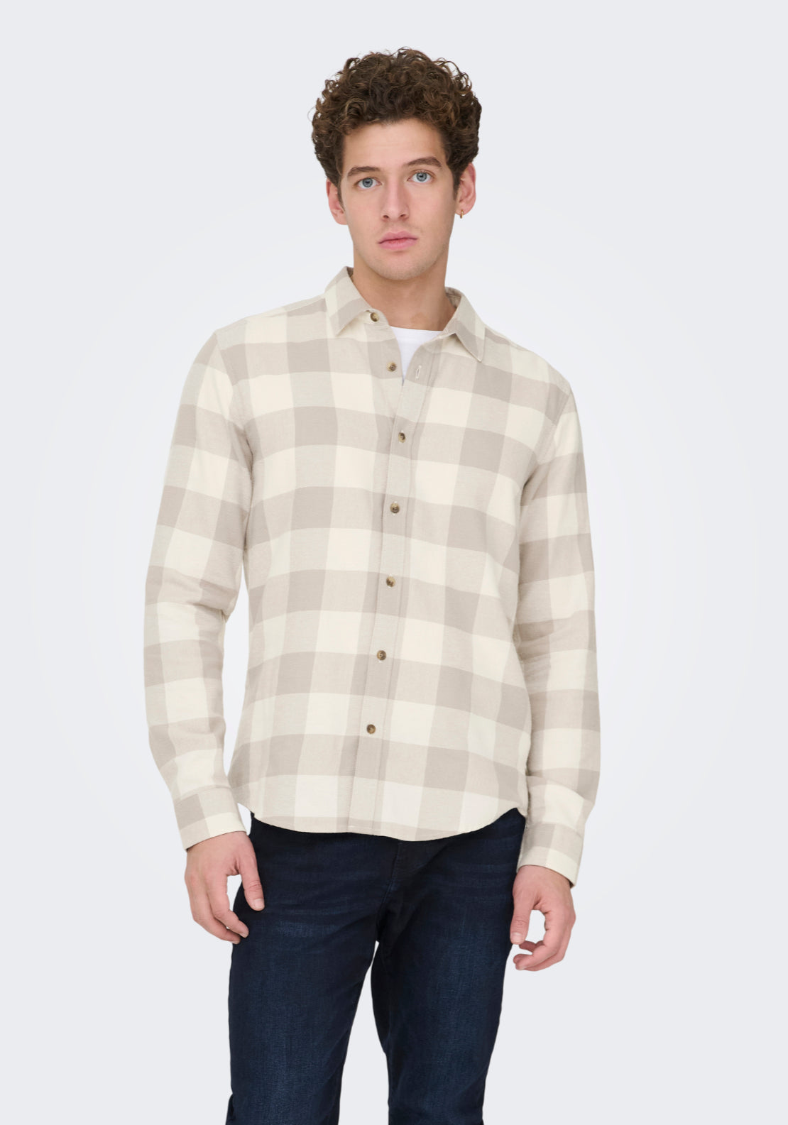 Only &amp; Sons Onsgudmund Check Shirt - Antique White 1 Shaws Department Stores