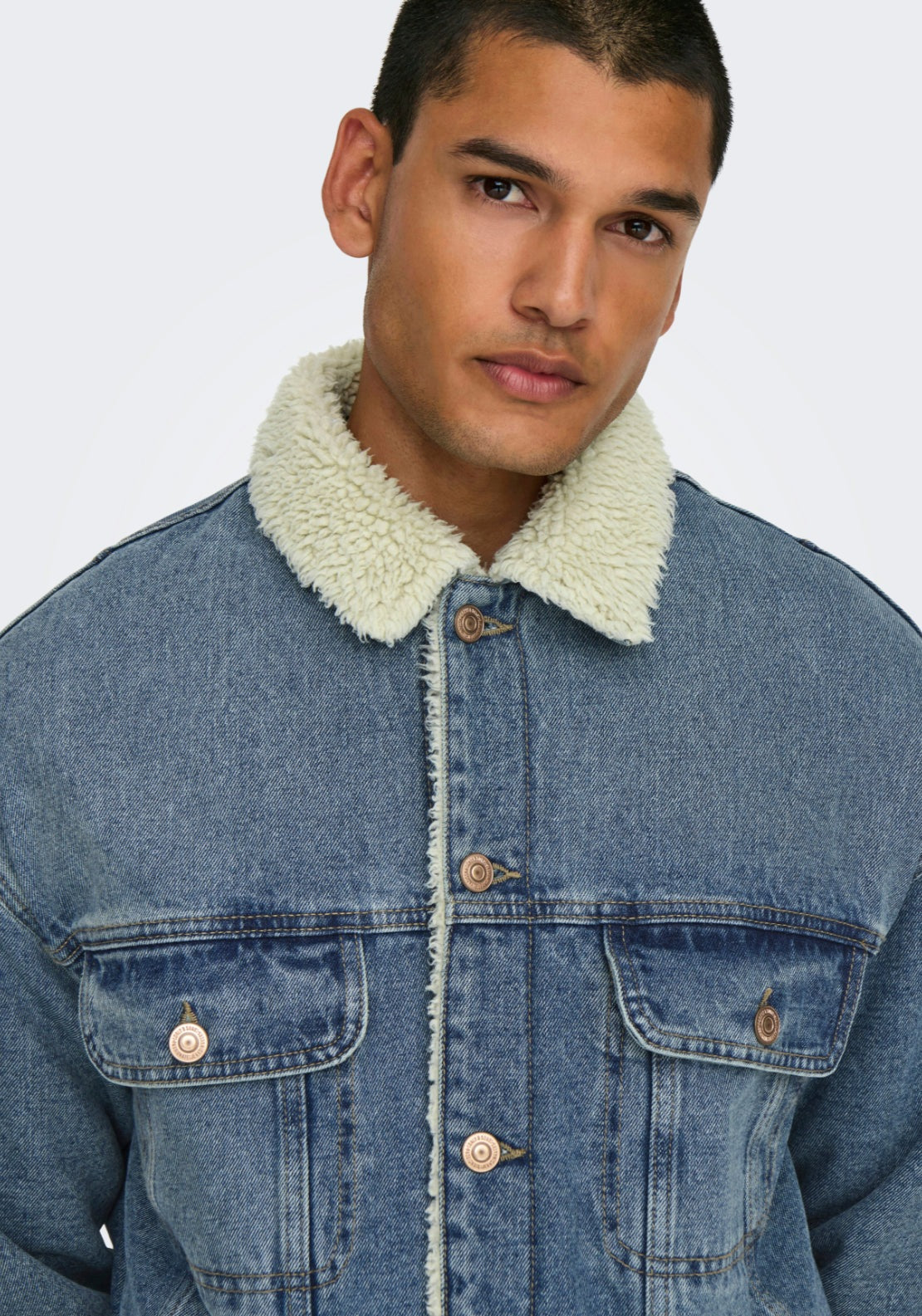 Only &amp; Sons Wilson Sherpa Denim Jacket - Blue 3 Shaws Department Stores