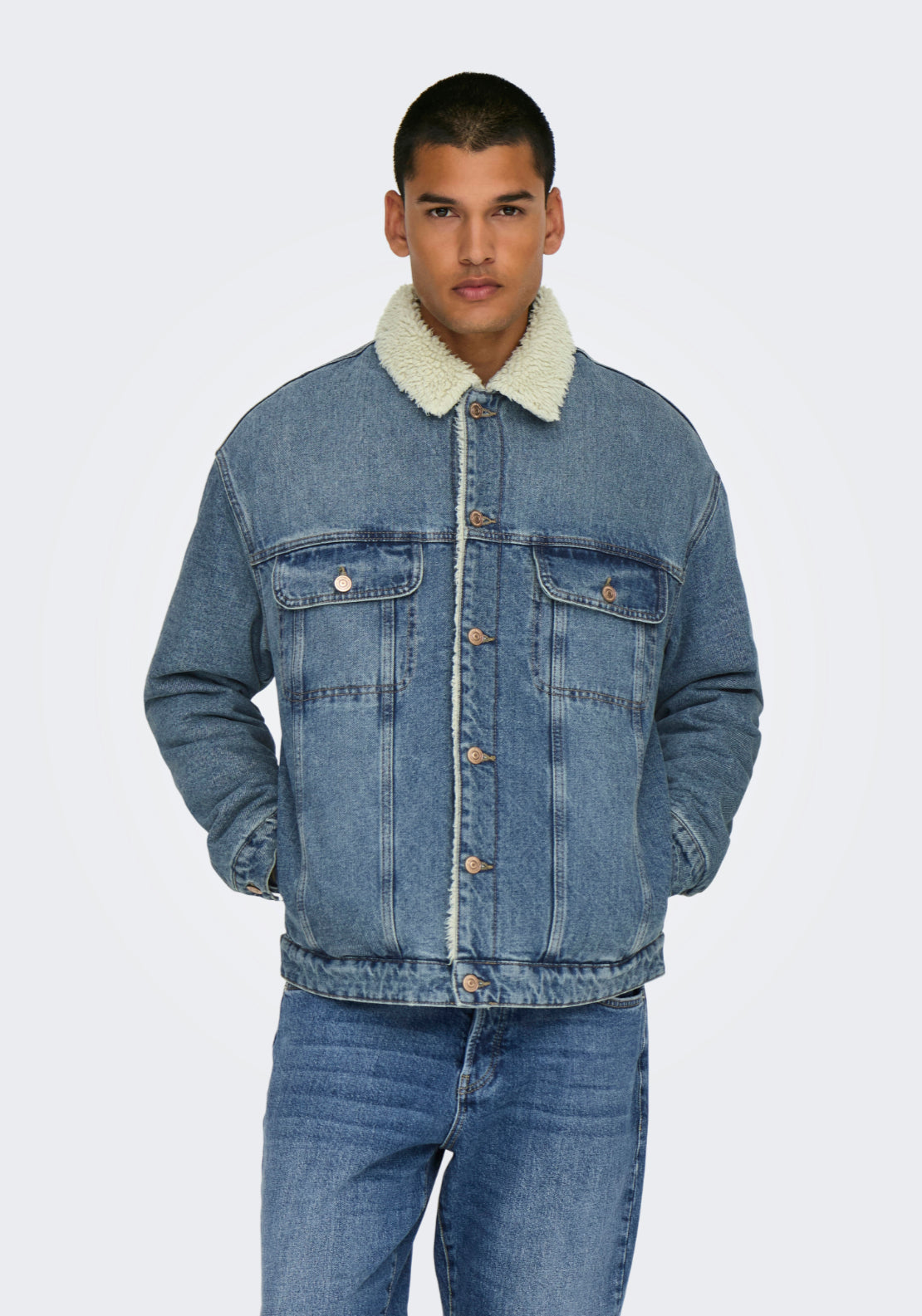 Only &amp; Sons Wilson Sherpa Denim Jacket - Blue 1 Shaws Department Stores