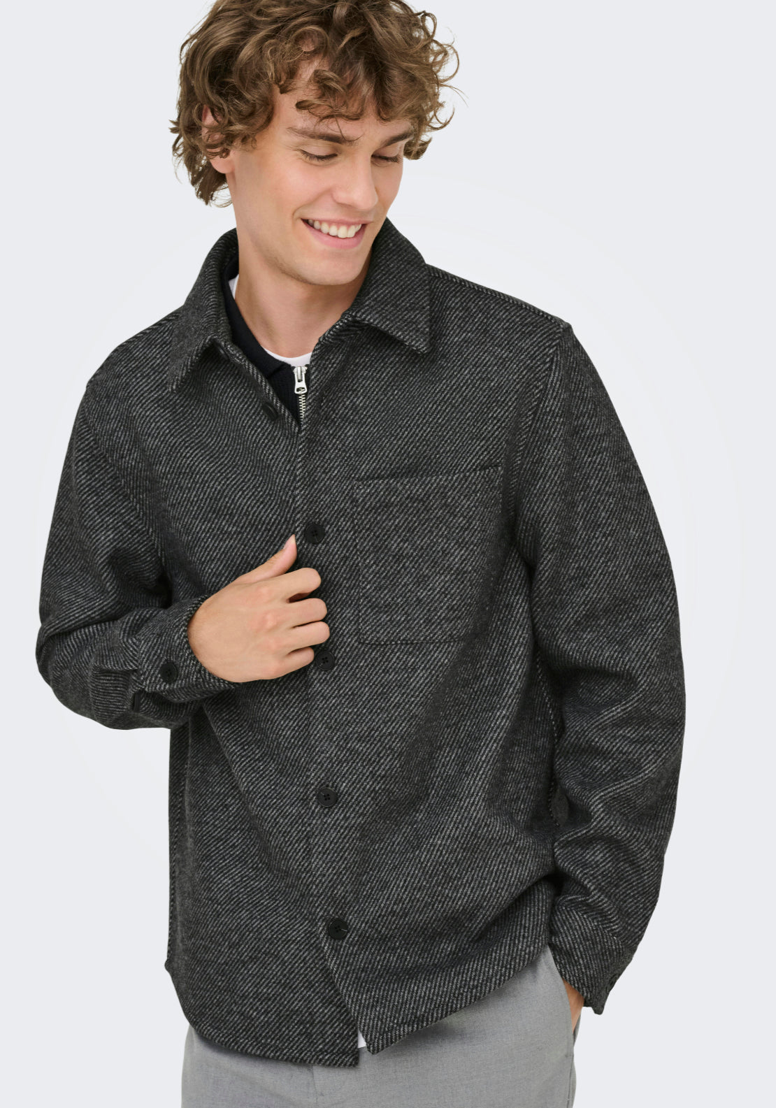 Only &amp; Sons Micah Twill Overshirt - Grey 1 Shaws Department Stores