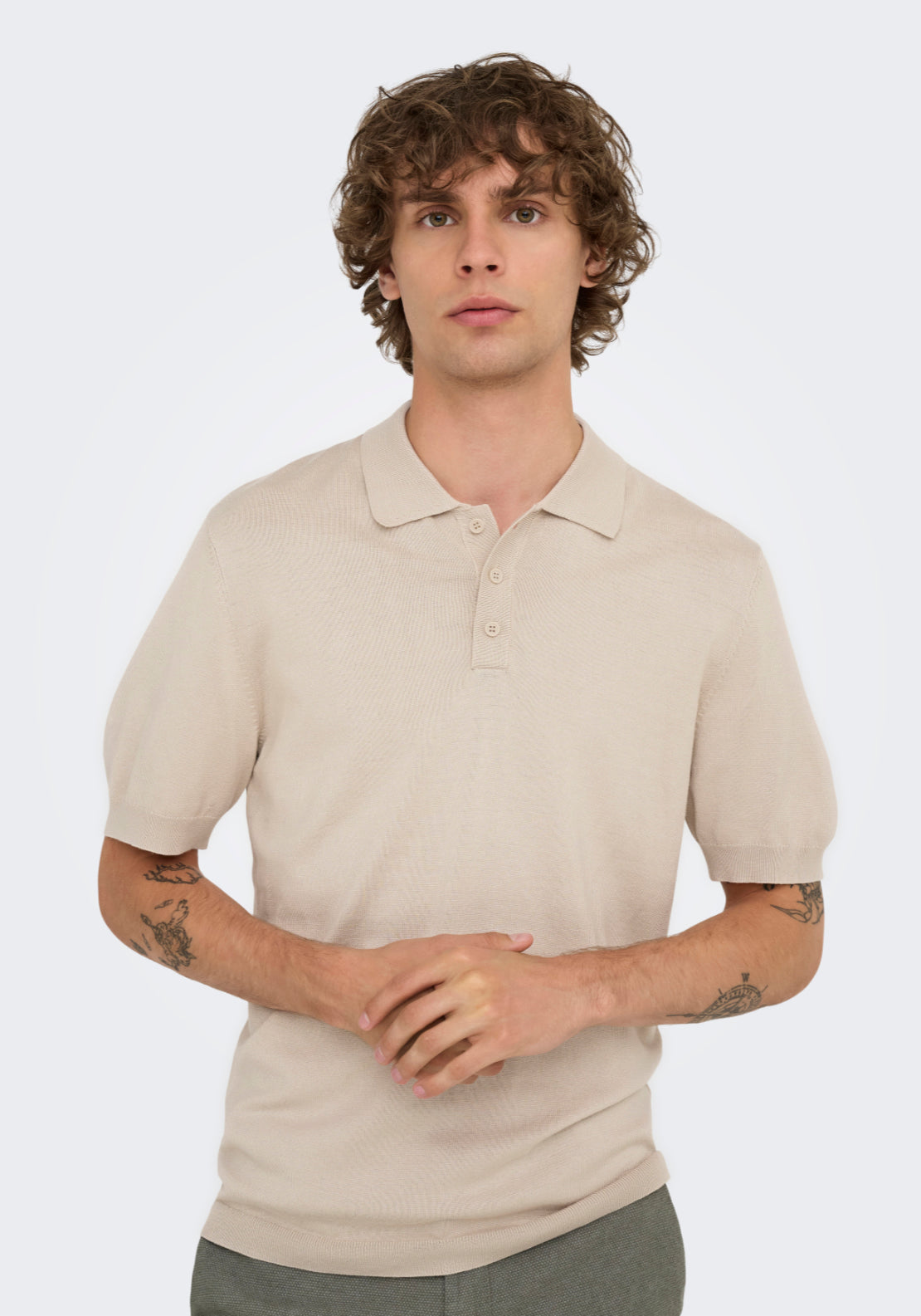 Only &amp; Sons Onswyler Short Sleeve Knit Polo Shirt - Silver Lining 1 Shaws Department Stores