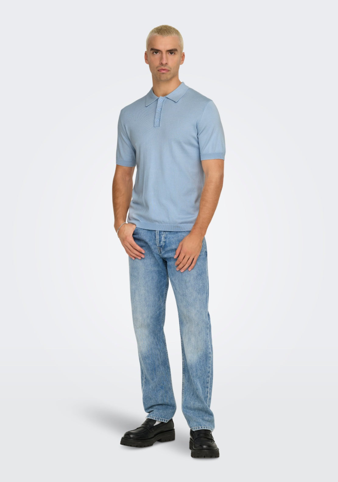 Only &amp; Sons Onswyler Short Sleeve Knit Polo Shirt - Blue 5 Shaws Department Stores