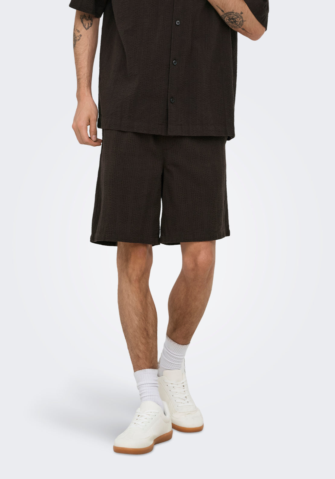 Only &amp; Sons Seersucker Jogger Shorts - Black 1 Shaws Department Stores