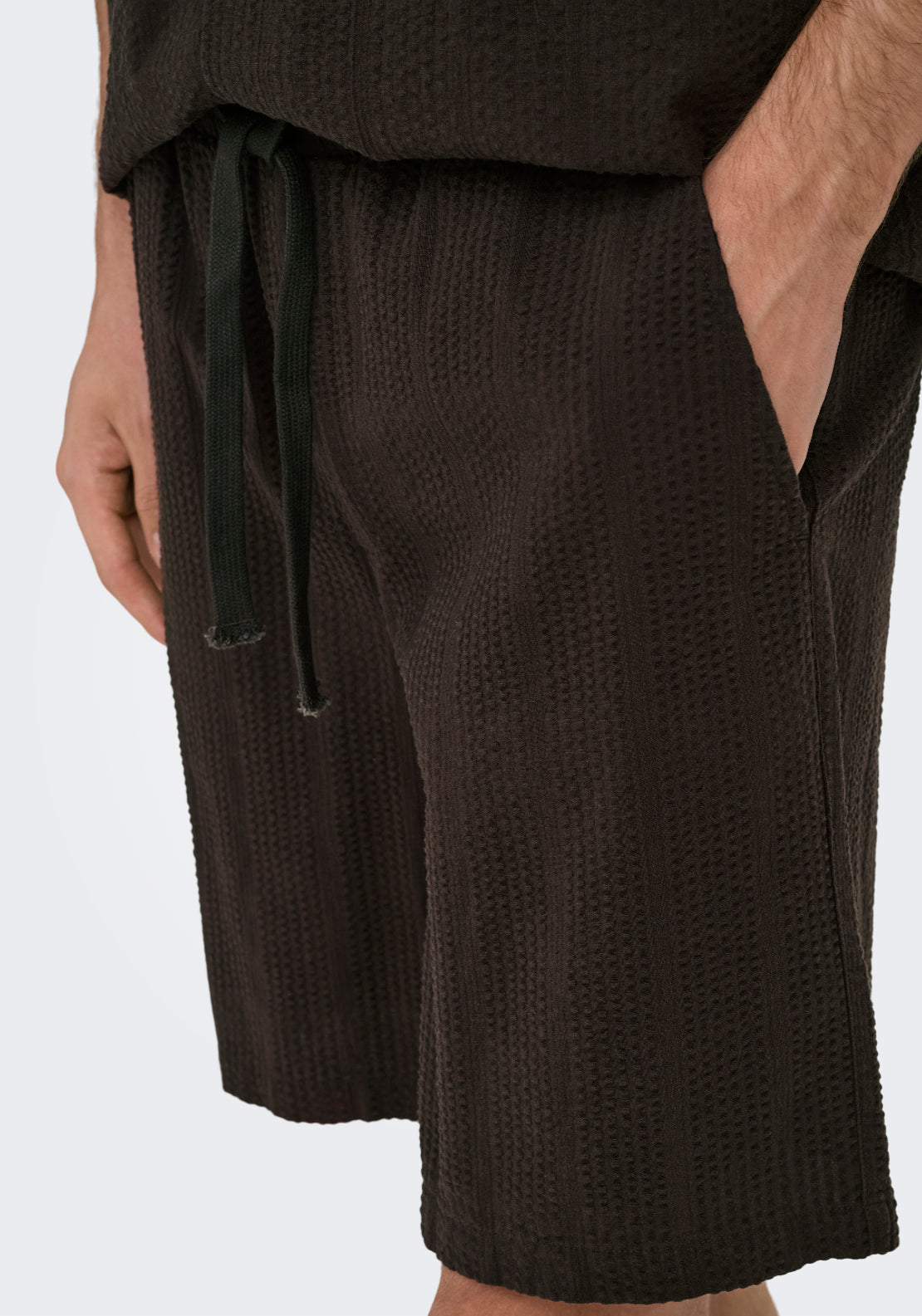 Only &amp; Sons Seersucker Jogger Shorts - Black 3 Shaws Department Stores