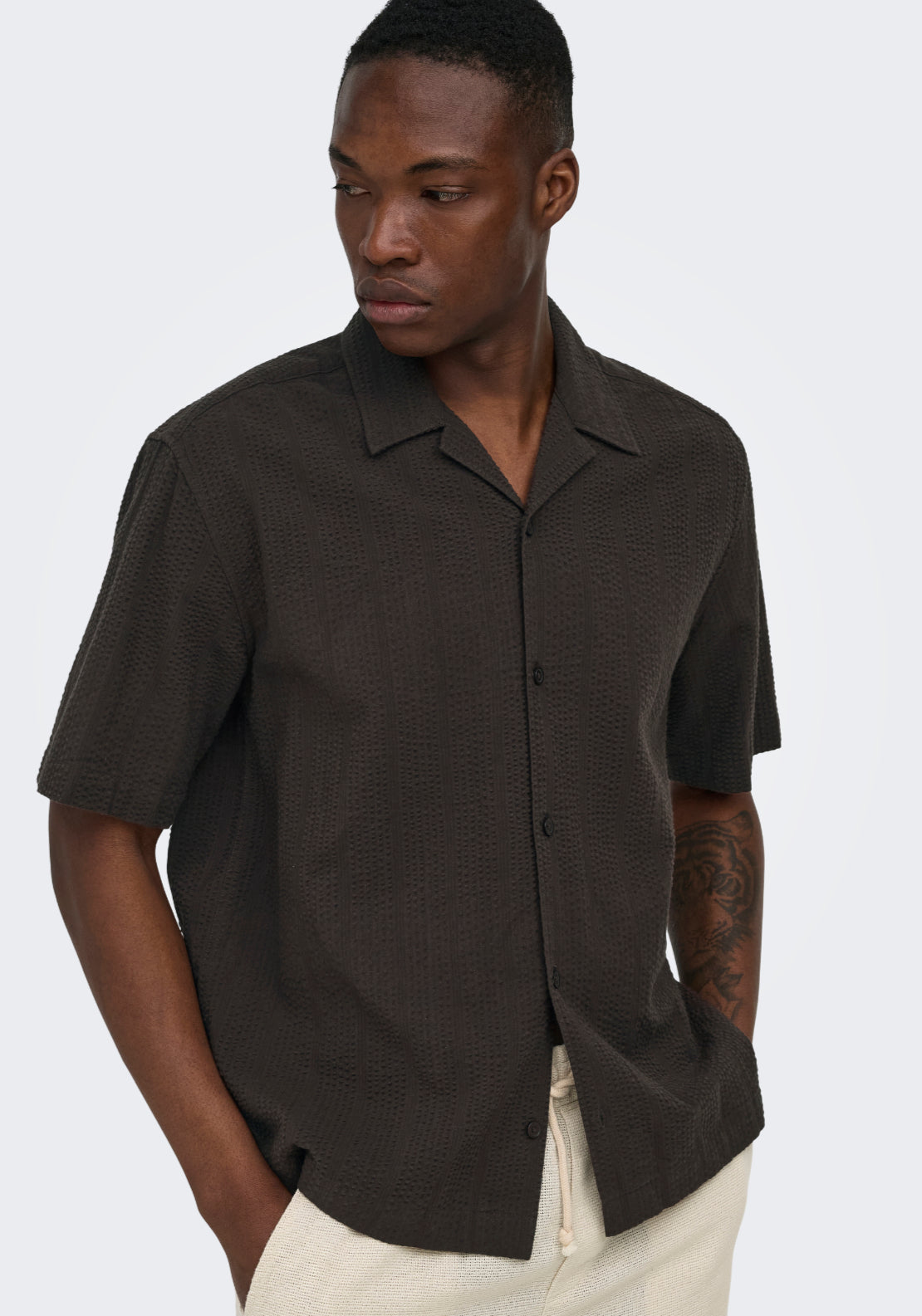 Only &amp; Sons Seersucker Resort Short Sleeve Shirt - Black 3 Shaws Department Stores
