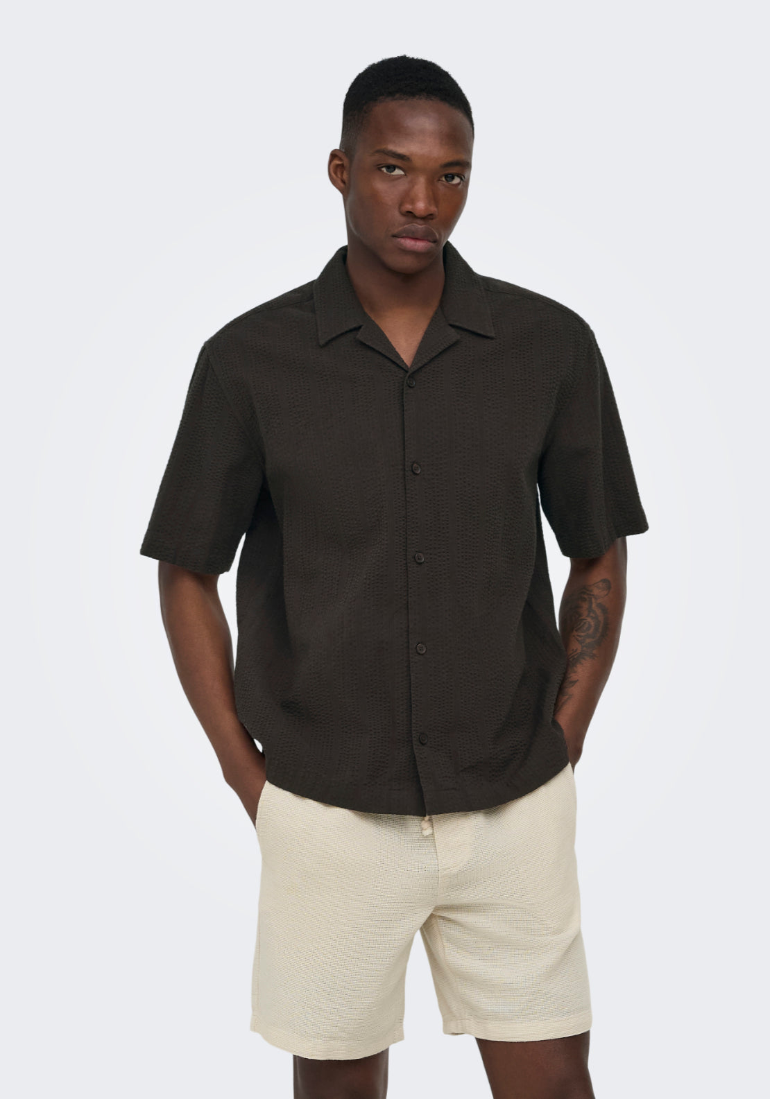 Only &amp; Sons Seersucker Resort Short Sleeve Shirt - Black 1 Shaws Department Stores