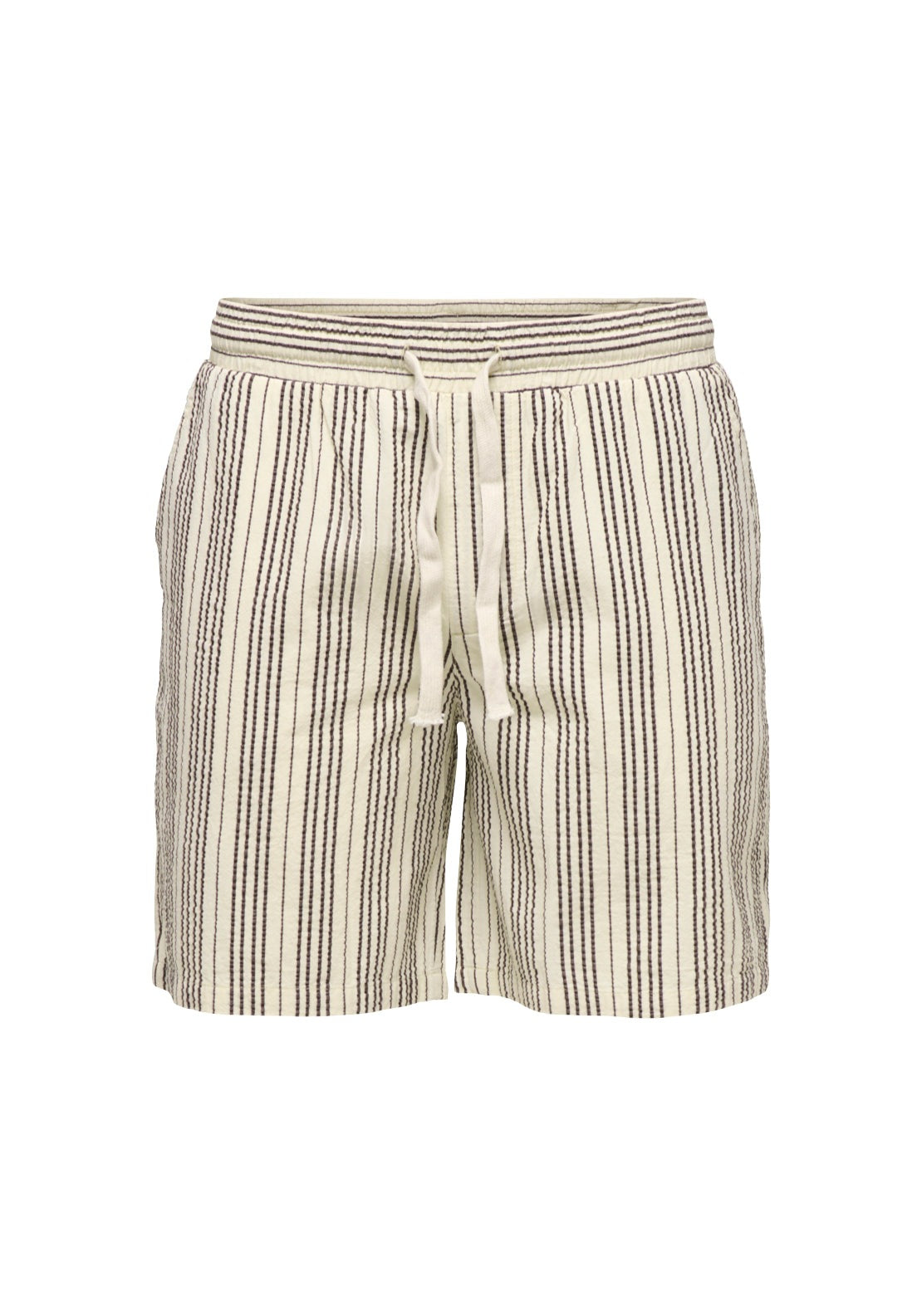 Only &amp; Sons Seersucker Jogger Shorts - Antique White Black Coffee 1 Shaws Department Stores