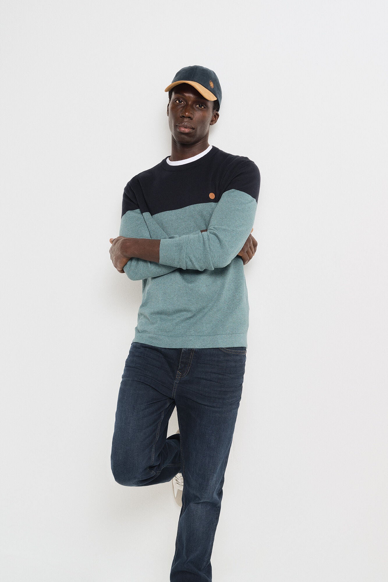 Springfield Basic color block sweater - Blue 1 Shaws Department Stores