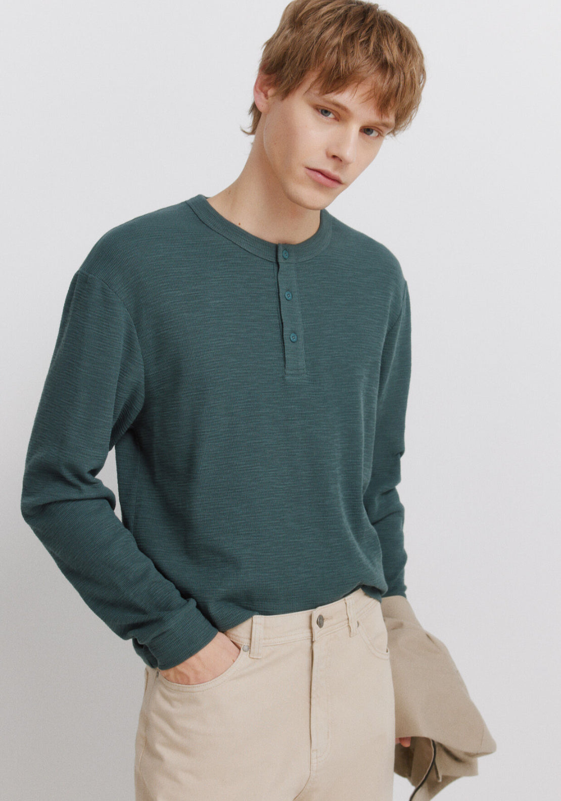 Checked Placket Long Sleeve T-Shirt - Blue