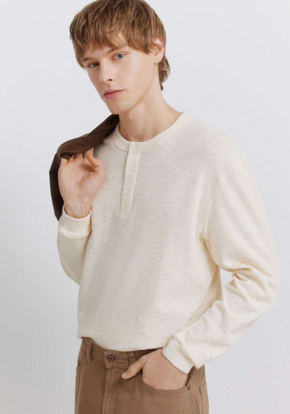 Checked Placket Long Sleeve T-Shirt - White