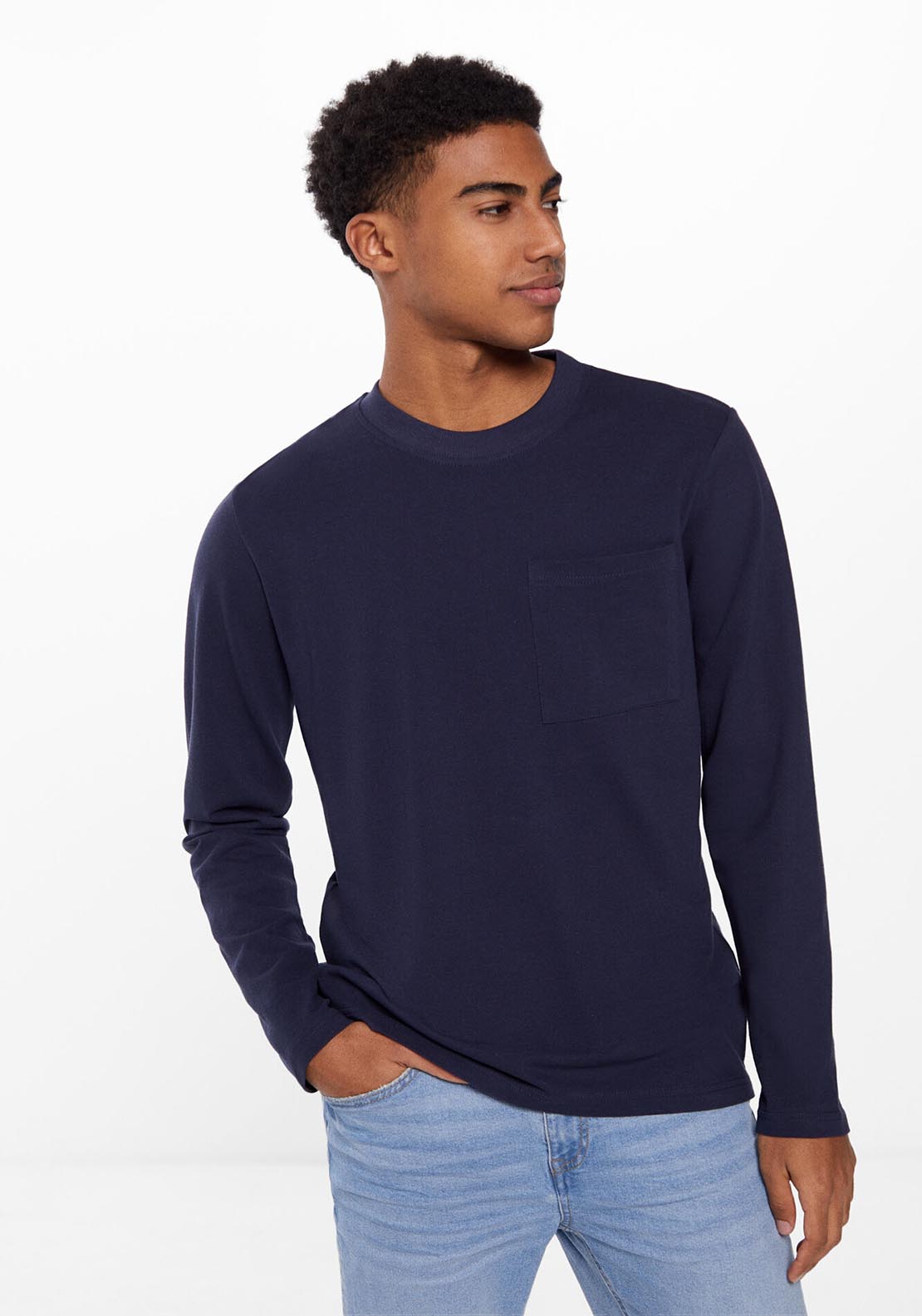 Springfield Long-sleeved piqué T-shirt with pocket - Blue 1 Shaws Department Stores