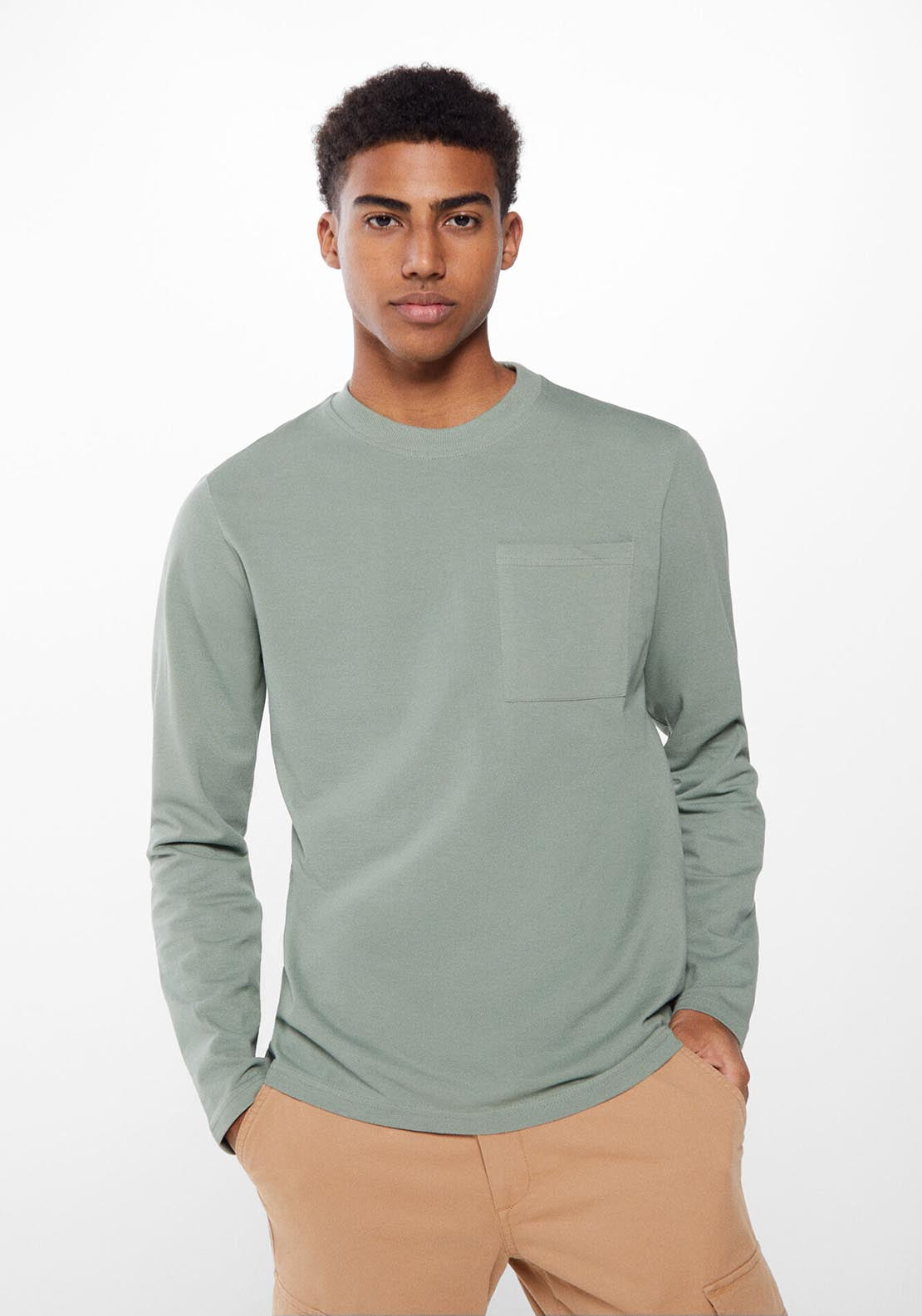 Springfield Long-sleeved piqué T-shirt with pocket - Green 1 Shaws Department Stores