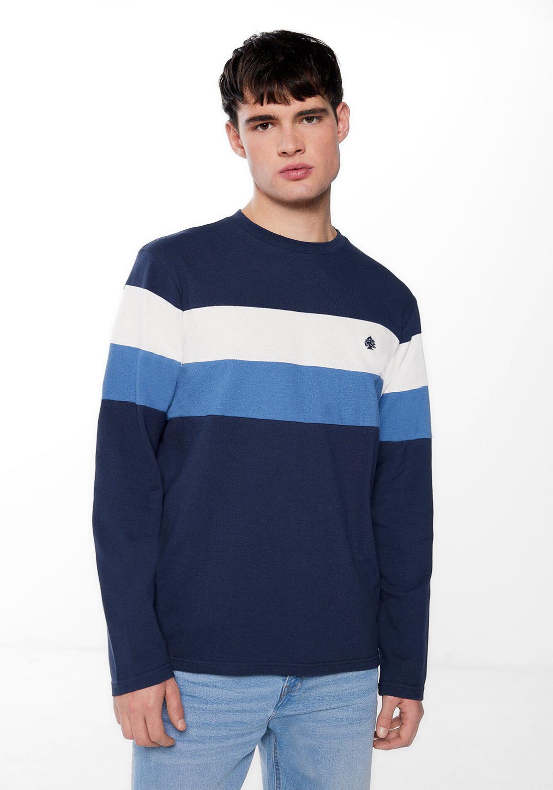 Springfield Long-sleeved piqué T-shirt with seams - Blue 1 Shaws Department Stores
