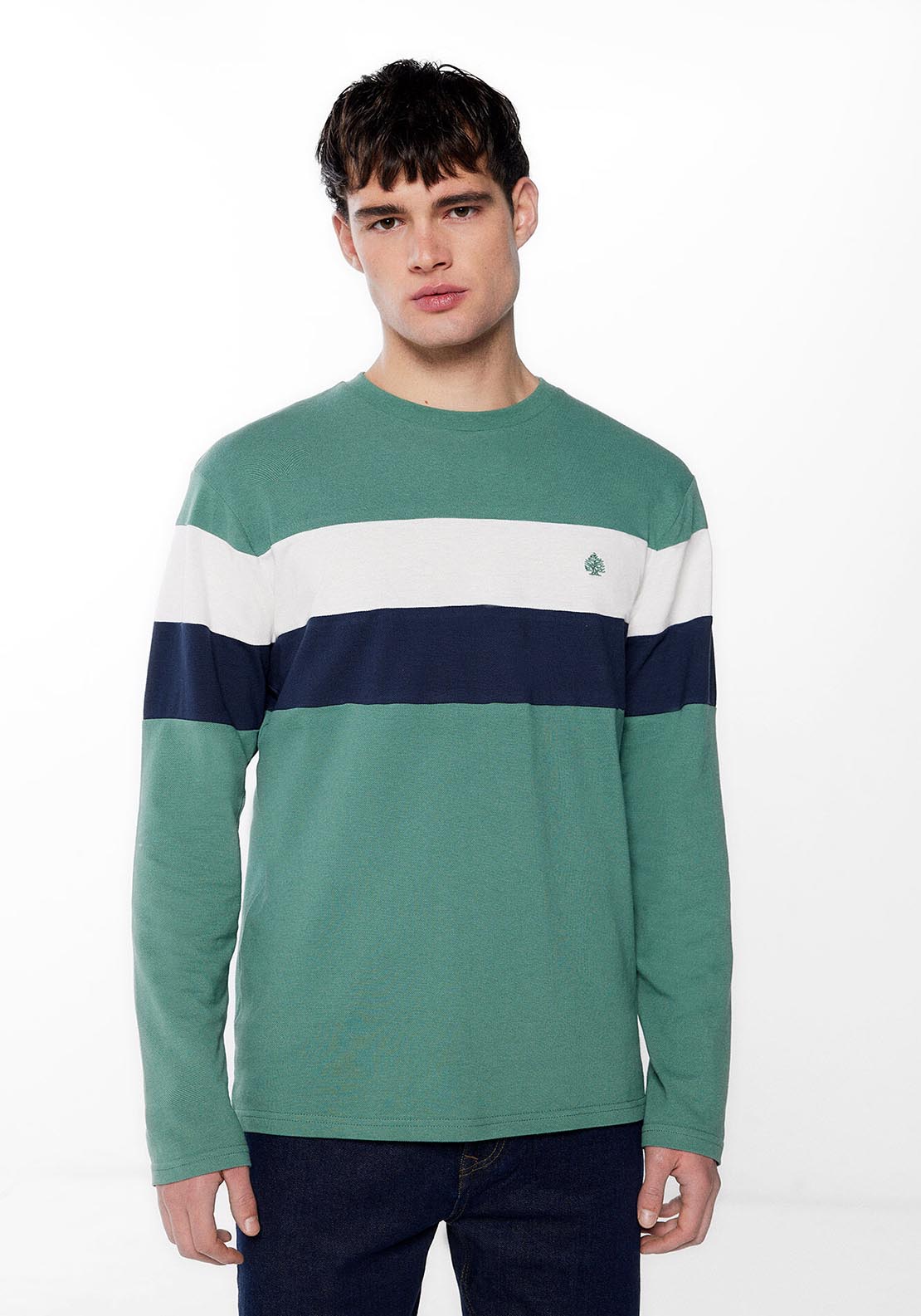Springfield Long-sleeved piqué T-shirt with seams - Green 1 Shaws Department Stores