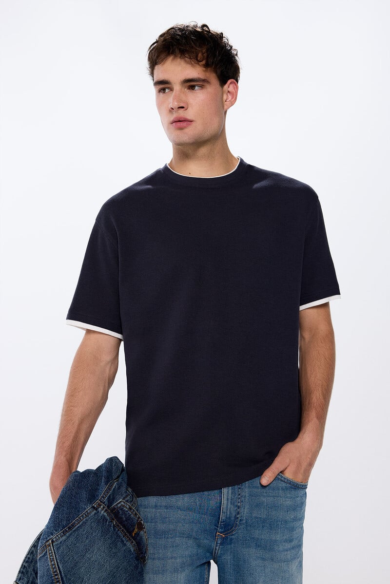 Springfield Double neck t-shirt - Blue 1 Shaws Department Stores