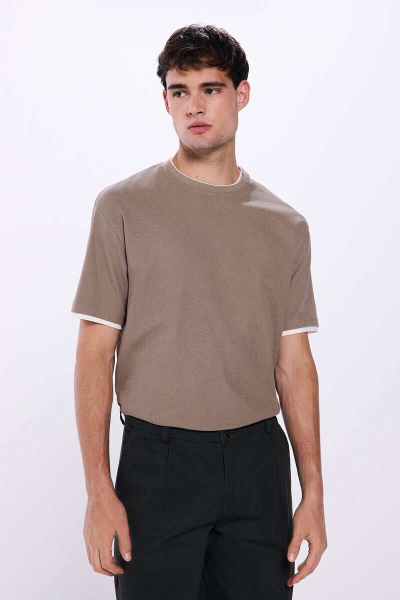 Springfield Double neck t-shirt - Sand 1 Shaws Department Stores