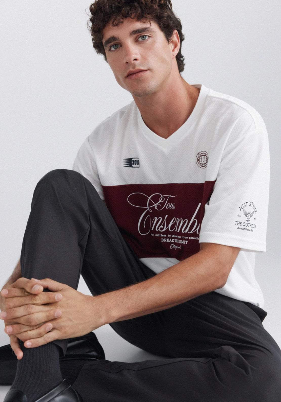 V Neck Football Tee - White